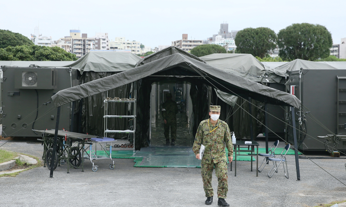 A mobile medical system that connects container is installed during US and Japan joint rescue training at Japan Air Self-Defense Force Naha Air Base in Naha City, Okinawa Prefecture on November 15, 2022. Photo: VCG