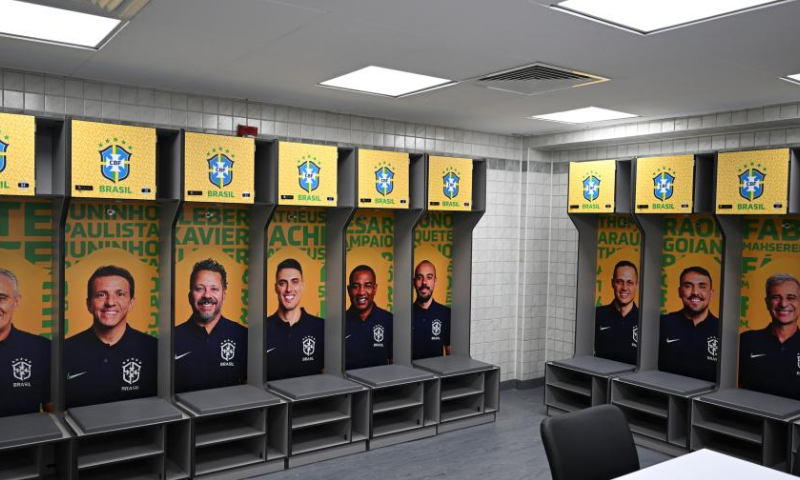 Photo taken Nov. 19, 2022 shows the view of the changing room of Al Arabi SC stadium which will host the Brazil national team during a media tour in Doha, Qatar. (Xinhua/Xin Yuewei)