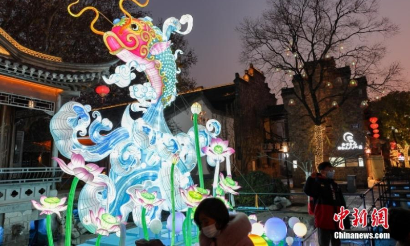 Colorful lanterns are illuminated to welcome the upcoming Year of the Rabbit in Nanjing, east China's Jiangsu Province, Jan. 3, 2022. (Photo: China News Service/Yang Bo)