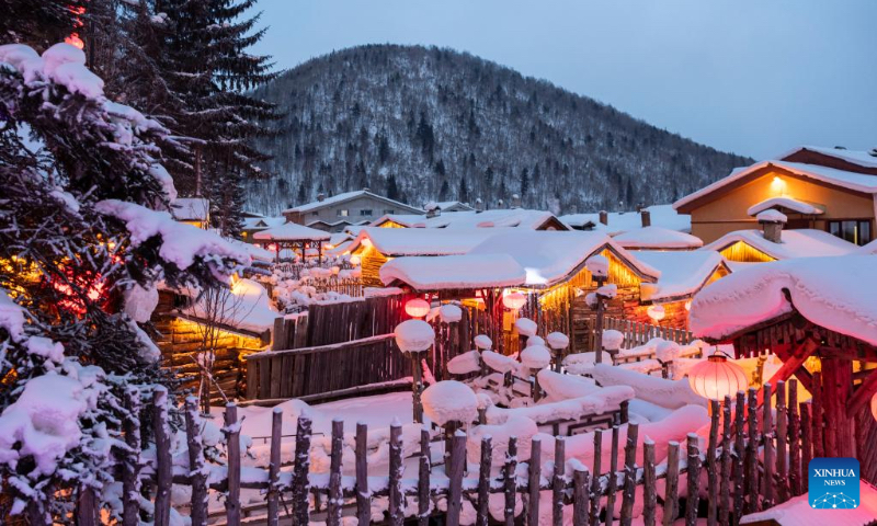This photo taken on Dec. 14, 2022 shows a view of the Snow Town scenic spot in Hailin City in northeast China's Heilongjiang Province. The Snow Town scenic spot officially opened recently. Enjoying a seven-month snow season, it has become an attraction for tourists for years. (Xinhua/Xie Jianfei)