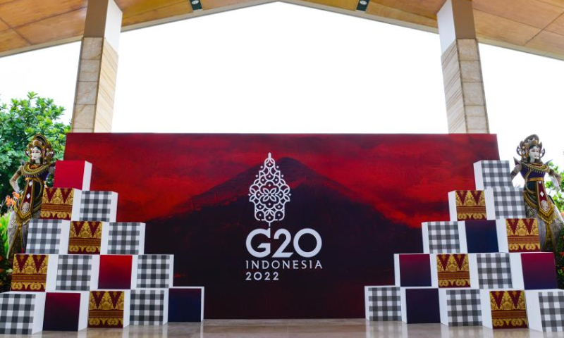 This photo taken on Nov. 11, 2022 shows logos and decorations for the upcoming 17th Group of 20 (G20) Summit outside a venue for the summit in Bali, Indonesia. Photo: Xinhua