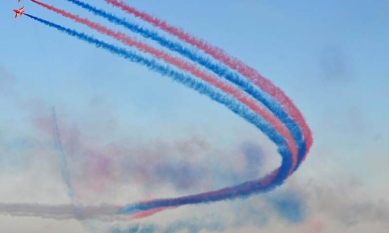 Airplanes perform during an airshow in Kuwait City, Kuwait, on Nov. 21, 2022. (Photo by Asad/Xinhua)
