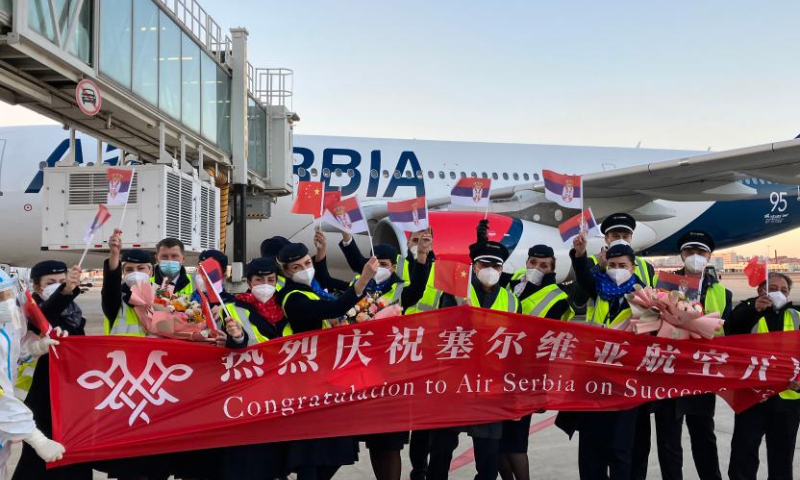 Airport staff members and crew members of flight JU702 pose for a group photo at Tianjin Binhai International Airport in north China's Tianjin, Dec. 10, 2022. The flight carrying about 170 passengers landed at Tianjin Binhai International Airport on Saturday, marking the official opening of the direct flight between Serbia's Belgrade and north China's Tianjin city.

Flights operated by Serbia's national carrier Air Serbia, will run once a week. (Xinhua/Li Ran)