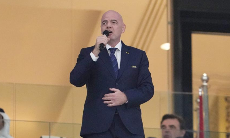 FIFA President Gianni Infantino delivers a speech after the opening ceremony before the Group A match between Qatar and Ecuador at the 2022 FIFA World Cup at Al Bayt Stadium in Al Khor, Qatar, on Nov. 20, 2022. (Xinhua/Zheng Huansong)