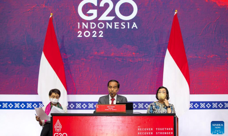 Indonesian President Joko Widodo (C) attends the closing press conference of the Group of 20 (G20) Summit in Bali, Indonesia, Nov. 16, 2022. The 17th G20 Summit concluded here on Wednesday. Photo: Xinhua