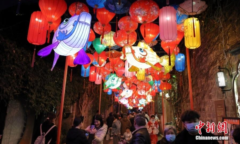 Colorful lanterns are illuminated to welcome the upcoming Year of the Rabbit in Nanjing, east China's Jiangsu Province, Jan. 3, 2022. (Photo: China News Service/Yang Bo)