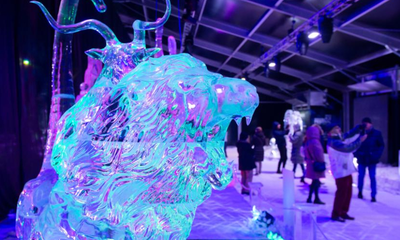 Visitors enjoy the ice sculptures on display at the Ice Festival in Torrejon de Ardoz, Madrid, Spain, on Dec. 15, 2022. (Photo by Gustavo Valiente/Xinhua)