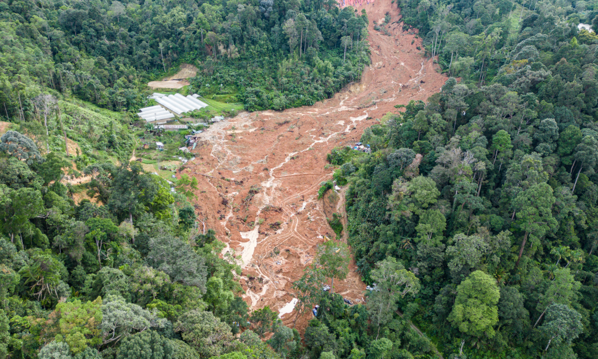 The aftermath of a landslide that occurred on December 16, 2022 at a holiday campsite in Batang Kali, Selangor, Malaysia. Rescue workers are searching for survivors after the disaster killed at least 24 people as December 18, 2022. Photo: VCG