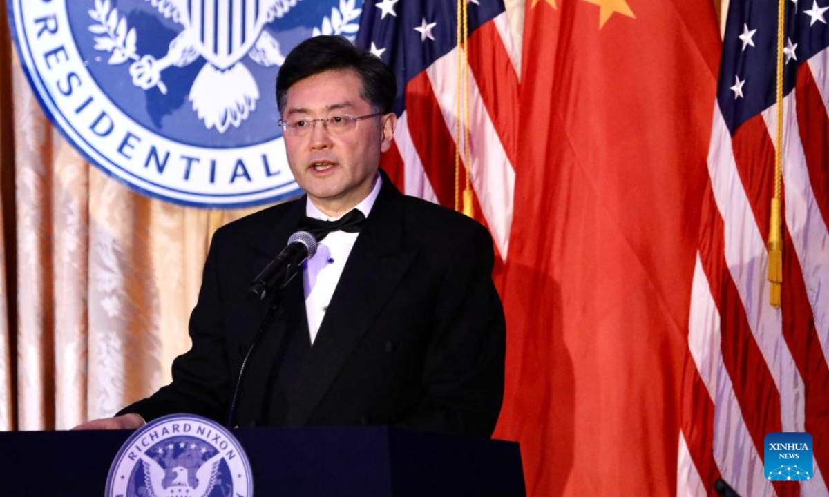 Chinese Ambassador to the United States Qin Gang addresses an event to commemorate the 50th anniversary of former U.S. President Richard Nixon's visit to China, in Yorba Linda, the United States, Feb 24, 2022. Photo:Xinhua