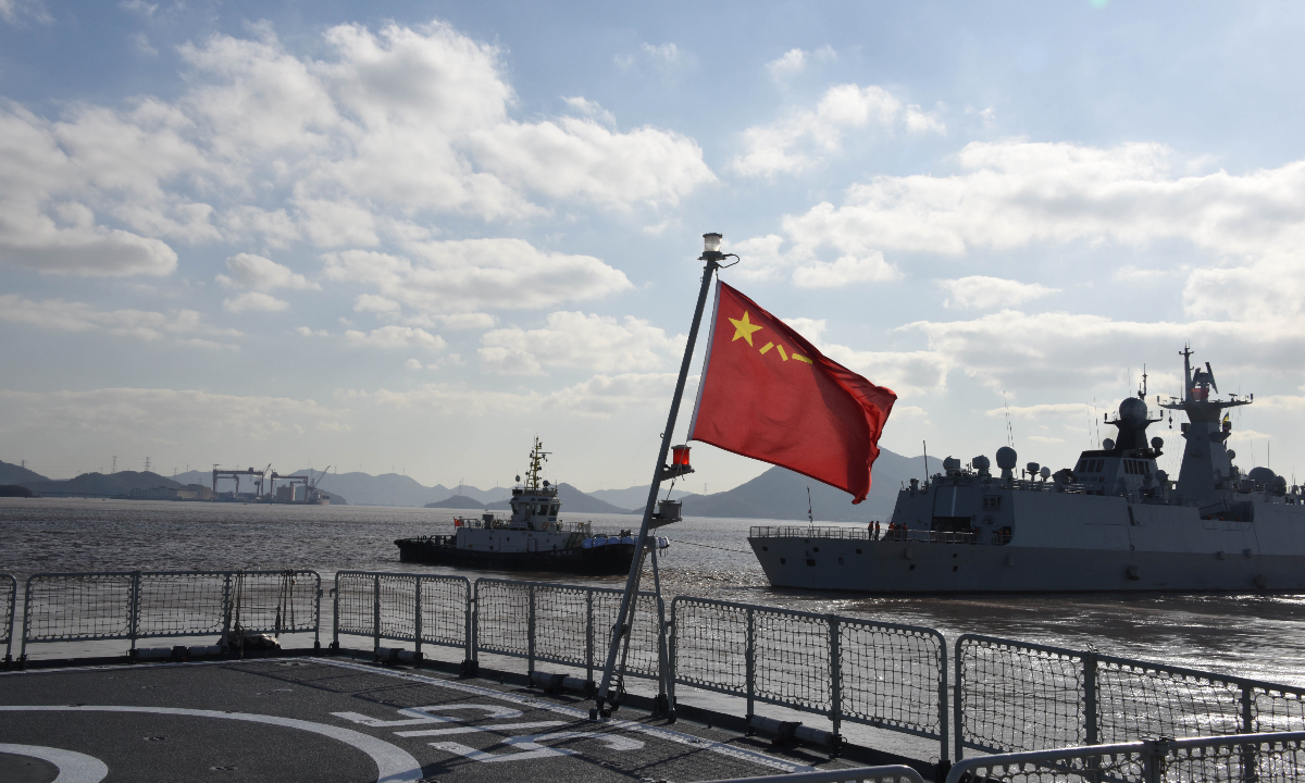 A Chinese naval fleet taking part in the China-Russia Joint Sea 2022 military exercise weighs anchor from a military port in Zhoushan, East China's Zhejiang Province on December 20, 2022. 