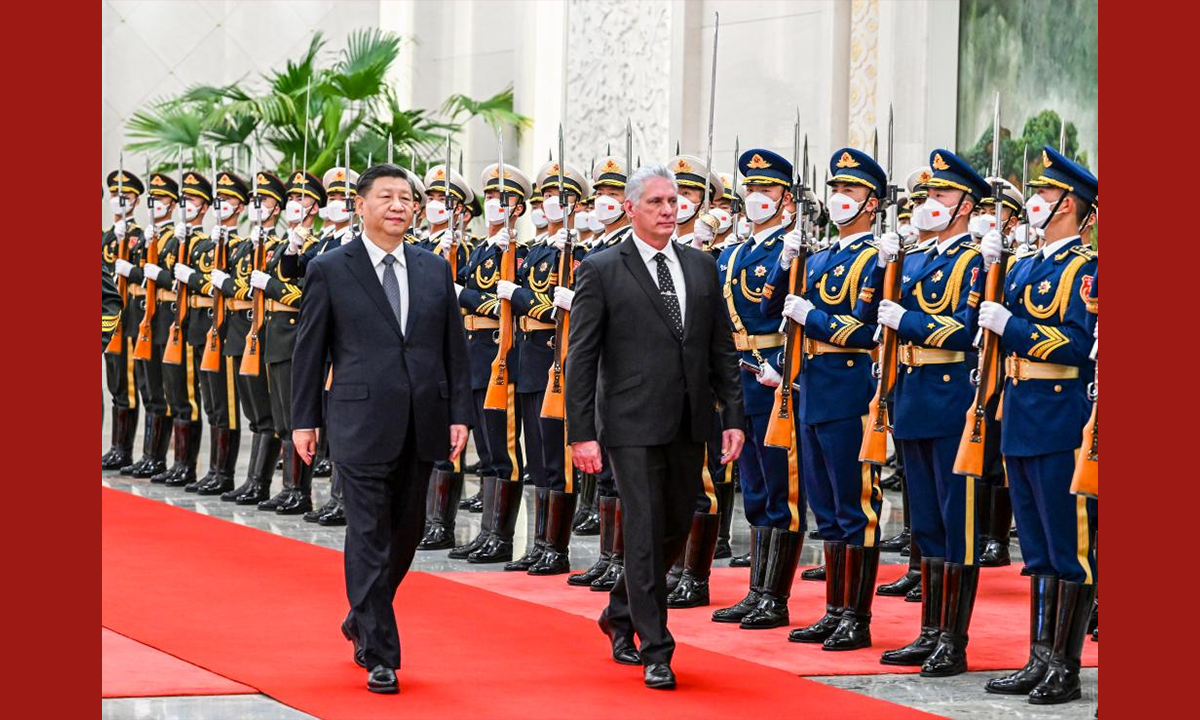 Xi Jinping, general secretary of the Communist Party of China (CPC) Central Committee and Chinese president, holds a ceremony to welcome Miguel Diaz-Canel Bermudez, first secretary of the Central Committee of the Communist Party of Cuba and Cuban president, prior to their talks at the Great Hall of the People in Beijing, capital of China, Nov 25, 2022. Photo:Xinhua 