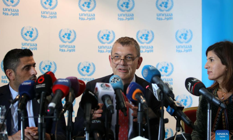 Commissioner-General of the United Nations Relief and Works Agency for Palestine Refugees (UNRWA) Philippe Lazzarini speaks at a press conference in Amman, Jordan, on Nov. 14, 2022. The UNRWA urgently needs between 50 million and 80 million U.S. dollars to finish the year and maintain the operations of its schools, health centers and other basic services, the agency's Commissioner-General Philippe Lazzarini said Monday. Photo: Xinhua