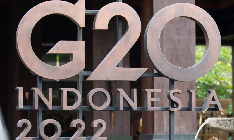 Photo taken on Nov. 12, 2022 shows the logo for the upcoming 17th Group of 20 (G20) Summit outside Apurva Kempinski, the main venue for the summit in Bali, Indonesia. Photo: Xinhua