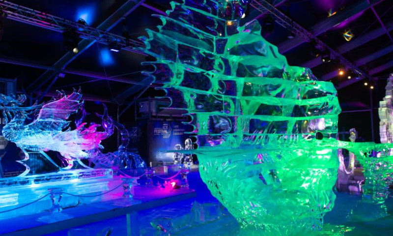This photo taken on Dec. 15, 2022 shows the ice sculptures at the Ice Festival in Torrejon de Ardoz, Madrid, Spain. (Photo by Gustavo Valiente/Xinhua)
