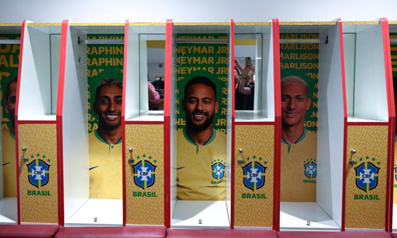Photo taken Nov. 19, 2022 shows the view of the changing room of Al Arabi SC stadium which will host the Brazil national team during a media tour in Doha, Qatar. (Xinhua/Xin Yuewei)