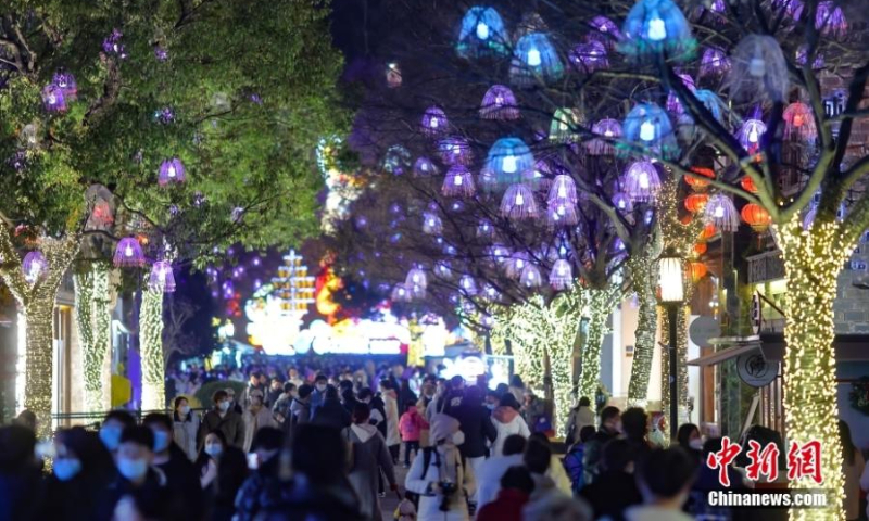 Colorful lanterns are illuminated to welcome the upcoming Year of the Rabbit in Nanjing, east China's Jiangsu Province, Jan. 3, 2022. (Photo: China News Service/Yang Bo)