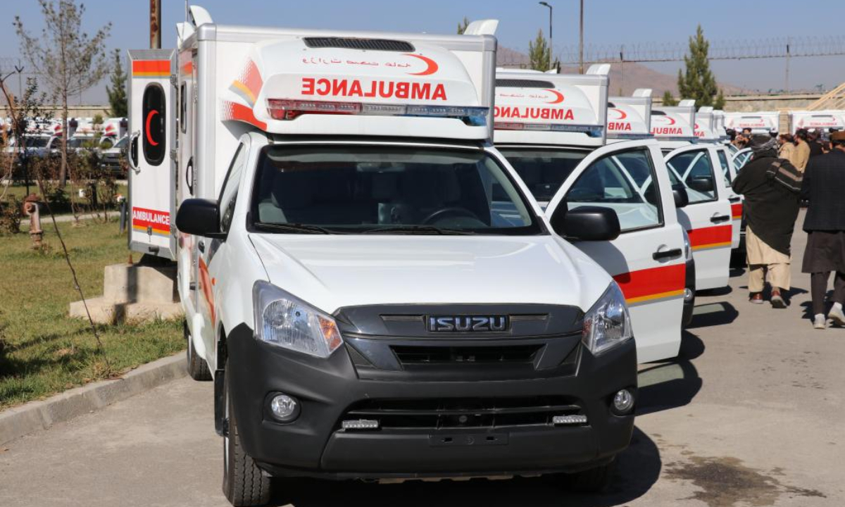 This photo taken on Nov 23, 2022 shows the ambulances received in Kabul, Afghanistan. Afghanistan's Ministry of Public Health received 125 of 180 ambulances contracted with Uzbekistan on Wednesday, Sharafat Zaman, the ministry's spokesman, said Thursday. Photo:Xinhua