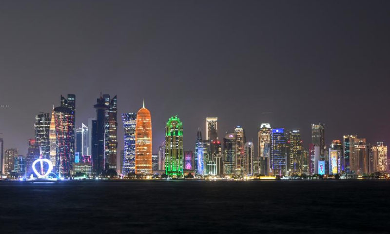This photo taken on Nov. 14, 2022 shows a night view of Doha corniche skyline in Doha, Qatar.  Photo: Xinhua