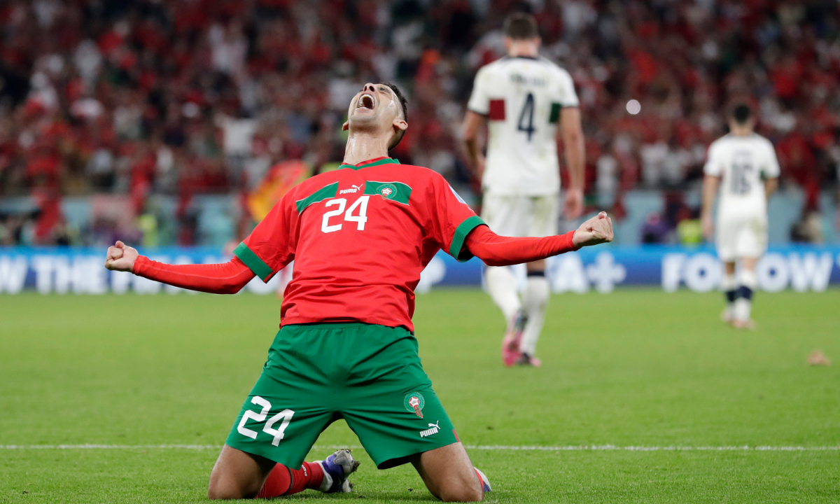 Badr Benoun of Morocco celebrates the victory during the World Cup match between Morocco and Portugal at the Al Thumama Stadium in Doha, Qatar on December 10, 2022. Photo: VCG