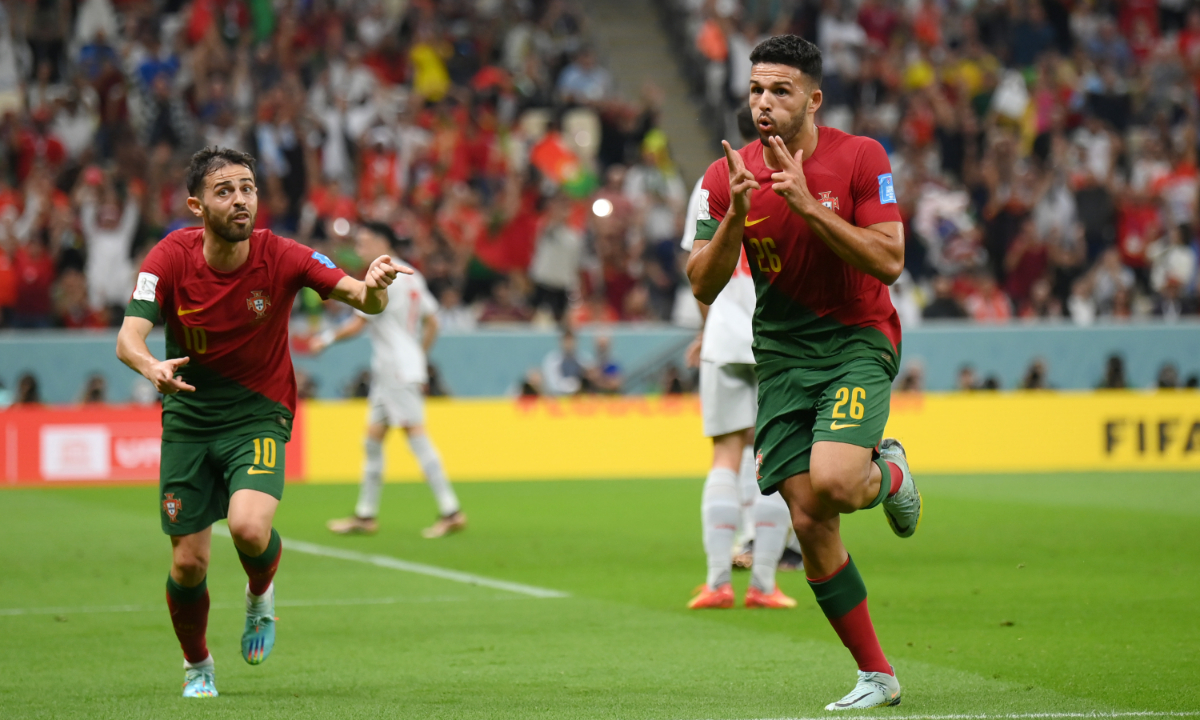 Goncalo Ramos (right) of Portugal celebrates after scoring the team’s first goal during the Qatar World Cup 2022 round of 16 match between Portugal and Switzerland at Lusail Stadium in Lusail City, Qatar on December 6, 2022. Photo: VCG 