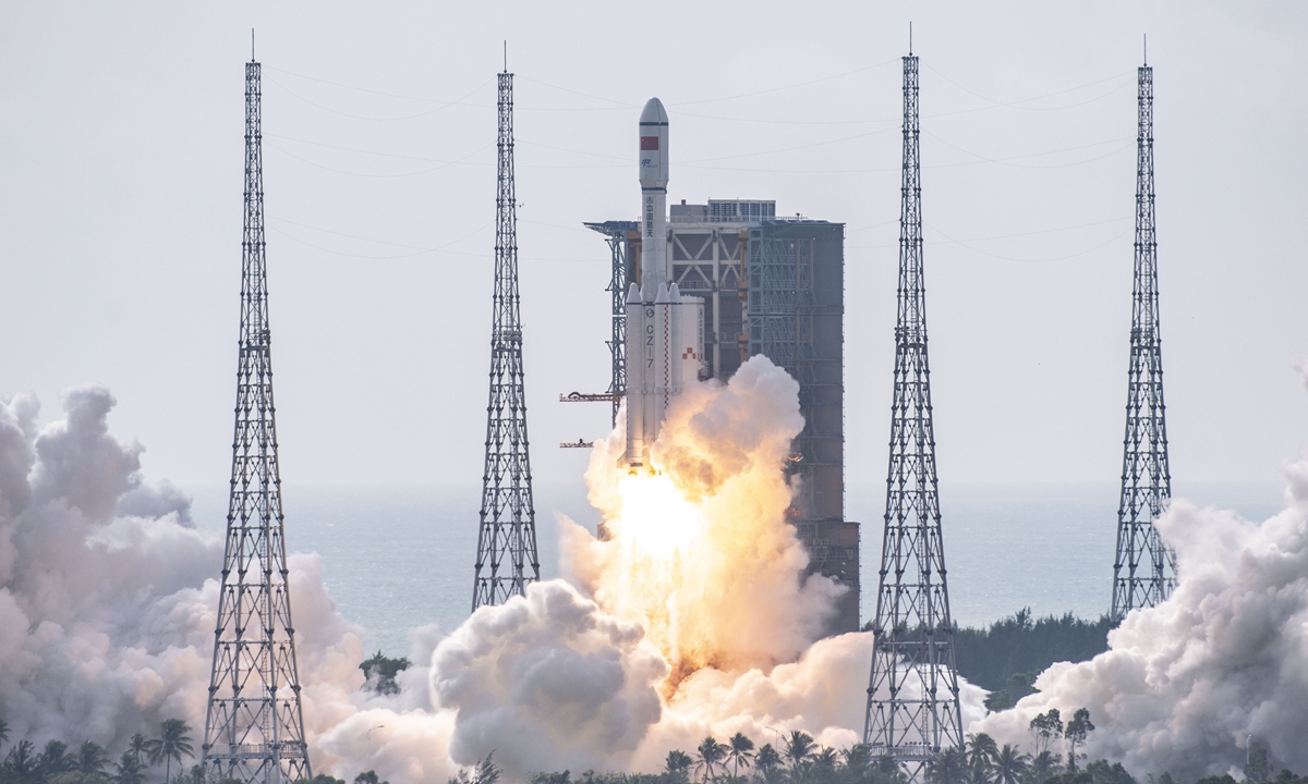 The Tianzhou-5 cargo spacecraft is launched via a Long March-7 carrier rocket from Wenchang Space Launch Site, South China's Hainan Province, on Saturday around 10 am. Photo: VCG