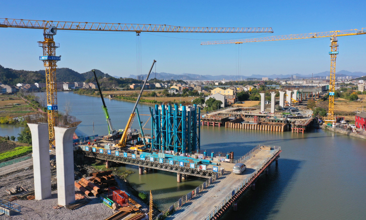 Workers build the viaduct linking the section of the Yongtaiwen Expressway which connects Ningbo and Wenzhou and the local coastal high-speed expressway in Wenling on December 18, 2022, East China's Zhejiang Province. The project is 32.88 kilometers long with an estimated investment of 12.85 billion yuan ($1.84 billion), which is currently the largest single investment in infrastructure in Wenling. Photo: cnsphoto
