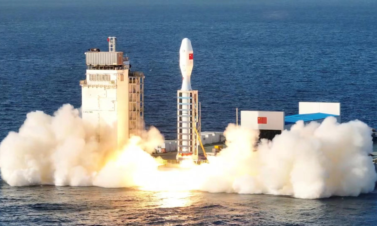 The Smart Dragon-3, or Jielong-3, makes a successful maiden flight on December 9, 2022, from waters of the Yellow Sea, sending 14 satellites precisely into their designated orbit. Photo: courtesy of China Academy of Launch Vehicle Technology