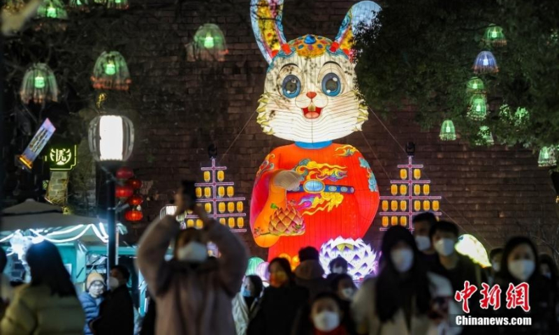 A giant rabbit lantern is displayed at East Gate scenic spot in Nanjing, east China's Jiangsu Province to welcome the upcoming Year of the Rabbit, Jan. 3, 2022. (Photo: China News Service/Yang Bo)