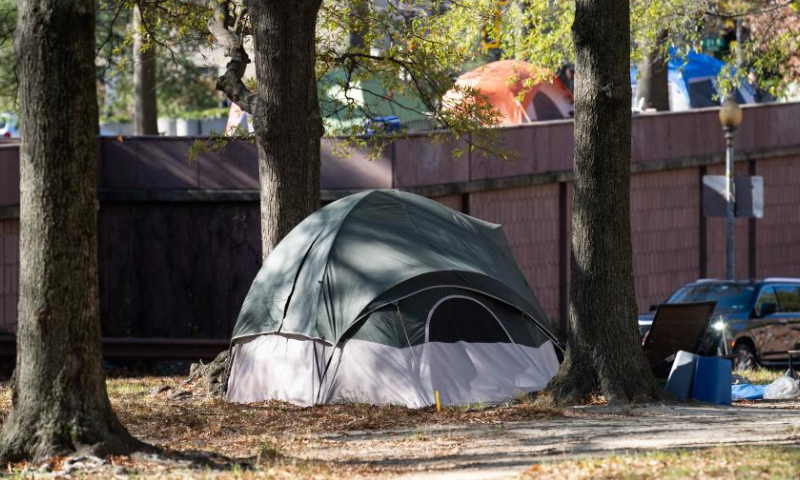 Tents of homeless people are seen in Washington, D.C., the United States, Nov. 23, 2022. (Xinhua/Liu Jie)
