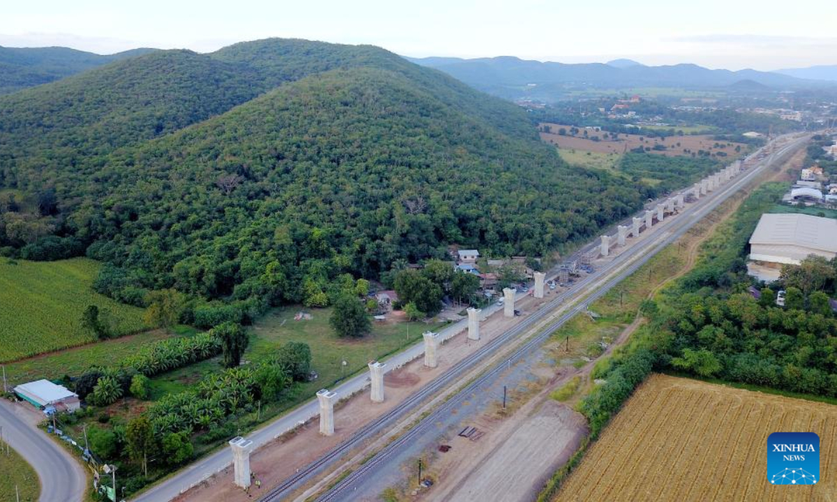 This aerial photo taken on Nov 10, 2022 shows a construction site of the China-Thailand railway in Nakhon Ratchasima province, Thailand. The China-Thailand railway, an important part of the trans-Asian railway network, will be Thailand's first standard-gauge high-speed railway. The first section, linking the Thai capital of Bangkok with the Nakhon Ratchasima province, is expected to shorten the travel time from more than four hours to over one hour. Photo:Xinhua