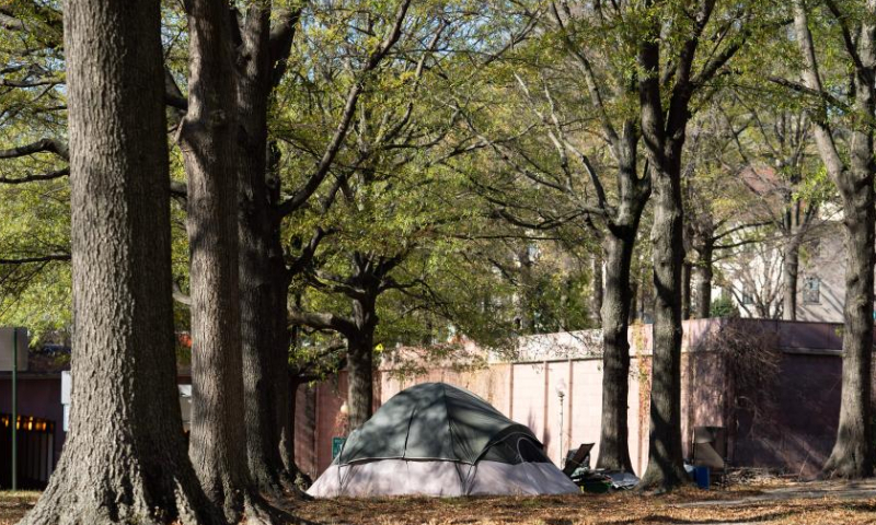 A tent in which homeless people live is seen in Washington, D.C., the United States, Nov. 23, 2022. (Xinhua/Liu Jie)