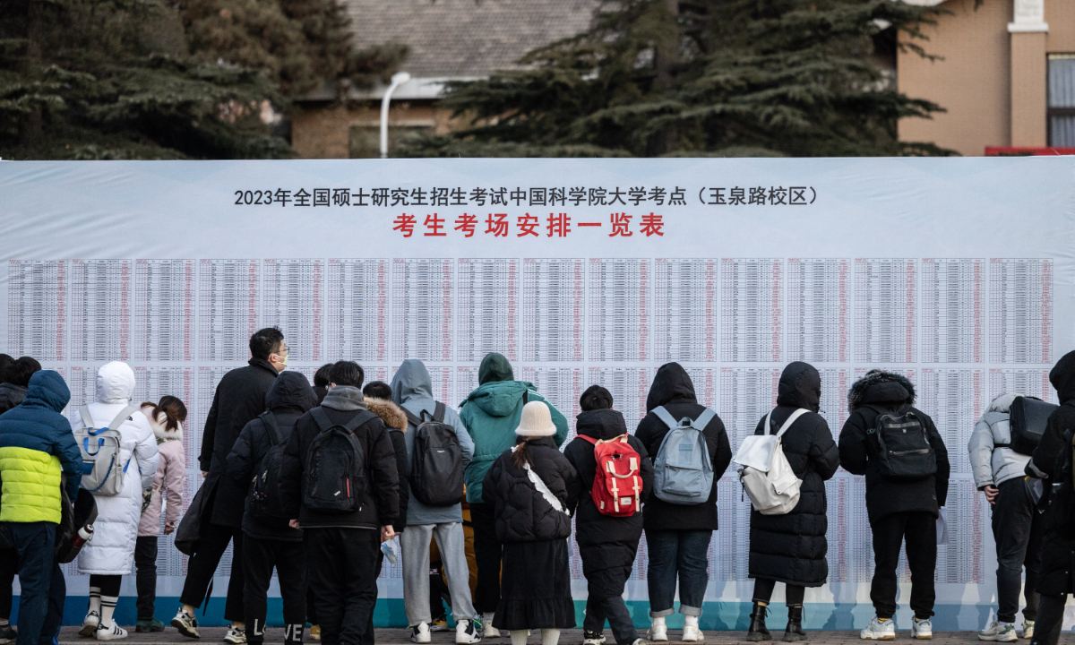 Examinees wait in long queues at the entrance to the Yuquanlu campus of the University of Chinese Academy of Sciences in Beijing to take part in China's national postgraduate admission examinations held from December 24 to 26. Photo: Li Hao/GT