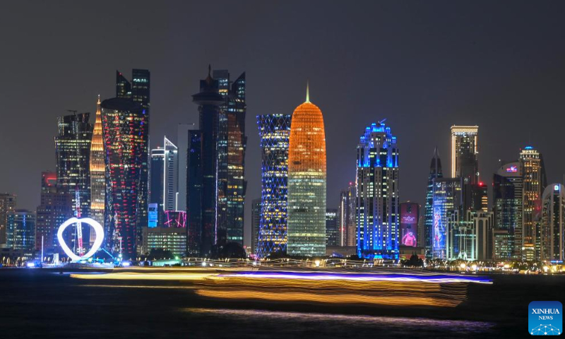 This photo taken on Nov. 14, 2022 shows a night view of Doha corniche skyline in Doha, Qatar. Photo: Xinhua