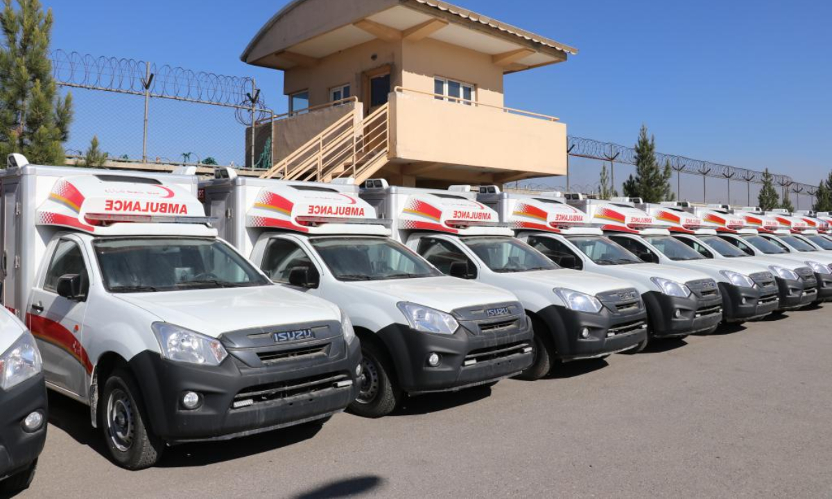 This photo taken on Nov. 23, 2022 shows the ambulances received in Kabul, Afghanistan. Afghanistan's Ministry of Public Health received 125 of 180 ambulances contracted with Uzbekistan on Wednesday, Sharafat Zaman, the ministry's spokesman, said Thursday. Photo:Xinhua