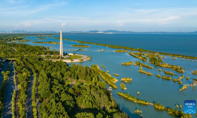 This aerial photo taken on Aug. 5, 2022 shows scenery of a wetland around the Chaohu Lake in Hefei City, east China's Anhui Province.
Hefei has five national wetland parks and three provincial wetland parks, with a wetland protection rate of 75 percent.
It was accredited on Nov. 10, 2022 by the Ramsar Convention as an international wetland city. (Photo by Ye Yuting/Xinhua)