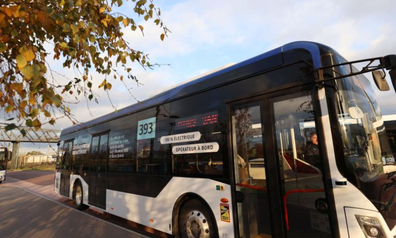 A self-driving bus made by China's CRRC Electric Vehicle is seen during a trial run at the suburb of Paris, France, Dec. 7, 2022. The self-driving bus made by China's CRRC Electric Vehicle has completed its trial run on open road and been ready to start official operations with passengers. (Xinhua/Gao Jing)