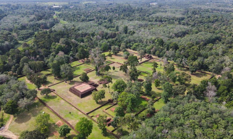 This aerial photo taken on Dec. 1, 2022 shows ruins of Kedaton Temple in Muarajambi Temple Complex in Maro Sebo, Jambi, Indonesia.

Muarajambi Temple Complex is a complex of several temples located in Maro Sebo, in the province of Jambi. In this area of about 3,000 hectares, there are around 11 Buddhist temples and about 80 mounds of earth which are thought to also have ancient building structures inside. (Xinhua/Xu Qin)