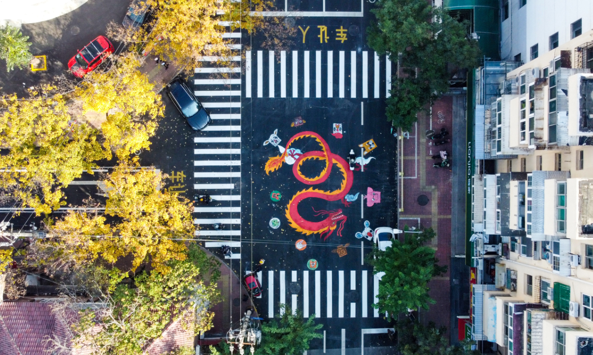 Twelve colorful Chinese Zodiacs paintings inside zebra crossings at the front gate of a school in Jinan, East China’s Shandong Province on November 14, 2022 Photo: IC