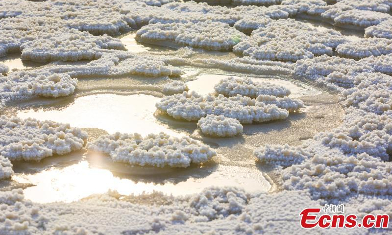 Salt crystals form on the Salt Lake in Yuncheng City, north China's Shanxi Province, Dec. 12, 2022. (Photo/VCG)