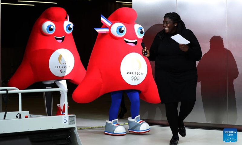 Photo taken on Nov. 14, 2022 shows the Phryges, unveiled as the official mascots of Paris 2024 Olympic and Paralympic Games during a press conference in Saint Denis, France. (Xinhua/Gao Jing)