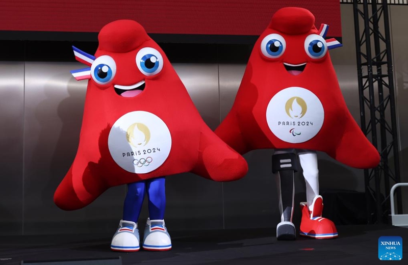 Photo taken on Nov. 14, 2022 shows the Phryges, unveiled as the official mascots of Paris 2024 Olympic and Paralympic Games during a press conference in Saint Denis, France. (Xinhua/Gao Jing)