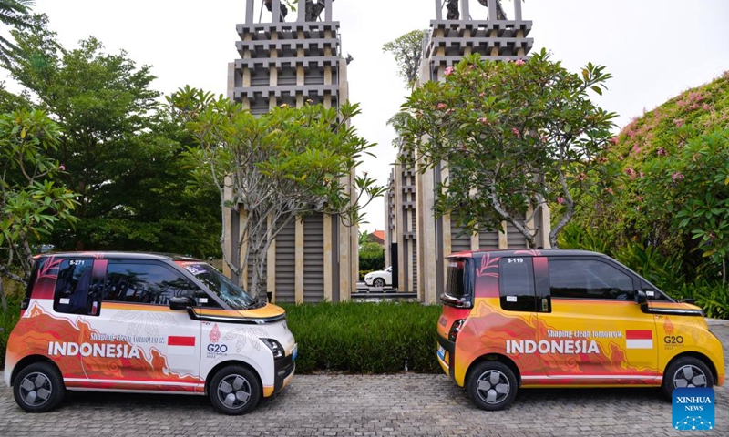 Wuling Air EVs are pictured at the main venue of the 17th Group of 20 (G20) Summit in Bali, Indonesia, Nov. 12, 2022. These new energy vehicles, all provided by SAIC General Motors Wuling Motor Indonesia, are official vehicles for transit service to delegates and staff members of the 17th Group of 20 (G20) Summit being held in Bali. (Xinhua/Xu Qin)