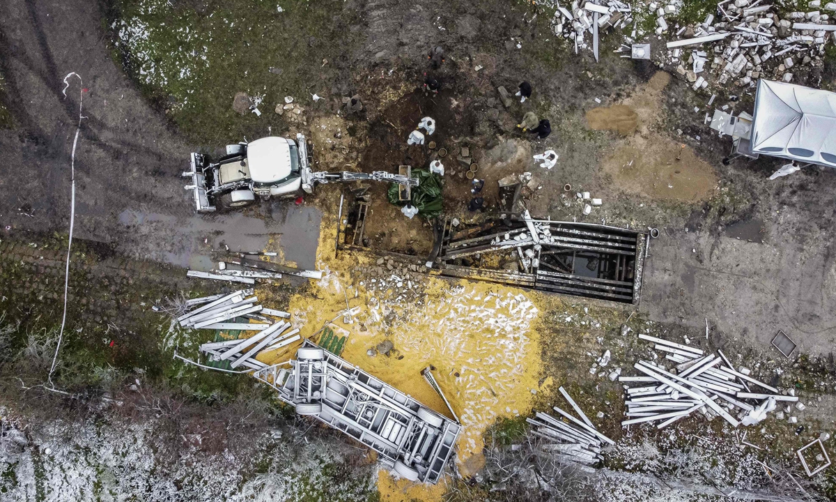 Aerial view taken on November 17, 2022 shows the site where a missile strike killed two men in the eastern Poland village of Przewodow, near the border with Ukraine on November 15, 2022. Photo:VCG