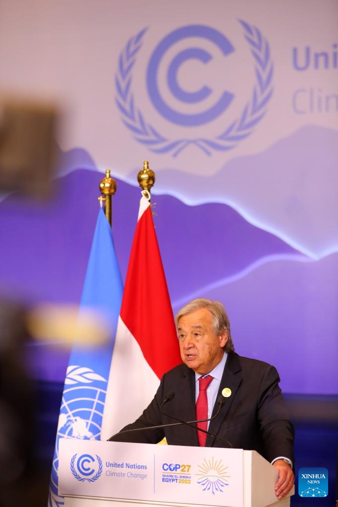 United Nations Secretary-General Antonio Guterres speaks during a press briefing at the 27th session of the Conference of the Parties (COP27) to the United Nations Framework Convention on Climate Change in Sharm El-Sheikh, Egypt, Nov. 17 2022. Guterres on Thursday called on countries to take climate actions instead of finger-pointing at the ongoing UN climate change conference. Photo: Xinhua