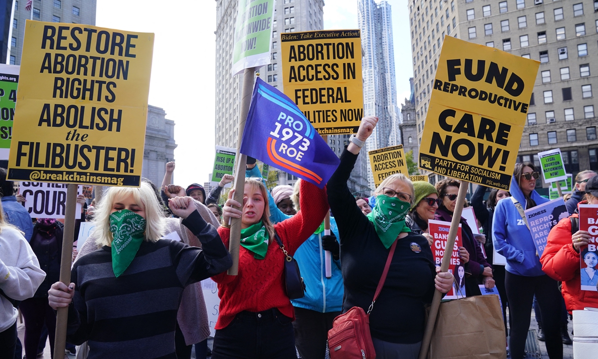 Demonstrators hold up signs during a rally to defend abortion access and codify Roe v. Wade into law in Foley Square in New York City on October 8, 2022. Photo: AFP