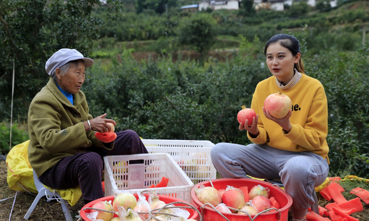 A Gen Zer He Shuang (right) pitches different types of pomegranates on e-commerce platforms at a village in Huili, Southwest China's Sichuan Province on October 10, 2022. Photo: cnsphoto