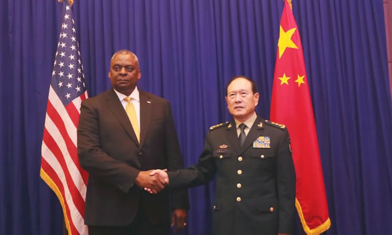Chinese State Councilor and Defense Minister Wei Fenghe and US Defense Secretary Lloyd Austin Photo: from China's Ministry of National Defense