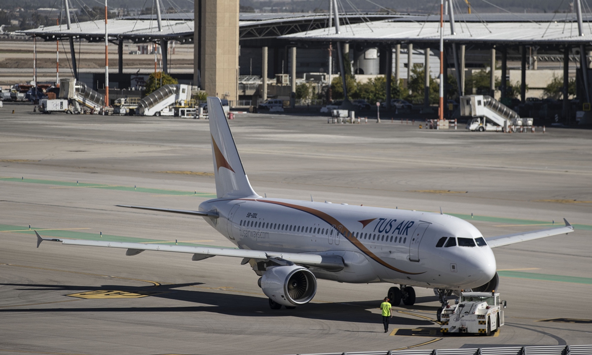 The passenger plane carrying football fans is seen before taking off for 2022 FIFA World Cup at the Ben Gurion International Airport in Tel Aviv, Israel on November 20, 2022. The first direct flight took place within the 2022 FIFA World Cup. Photo: VCG