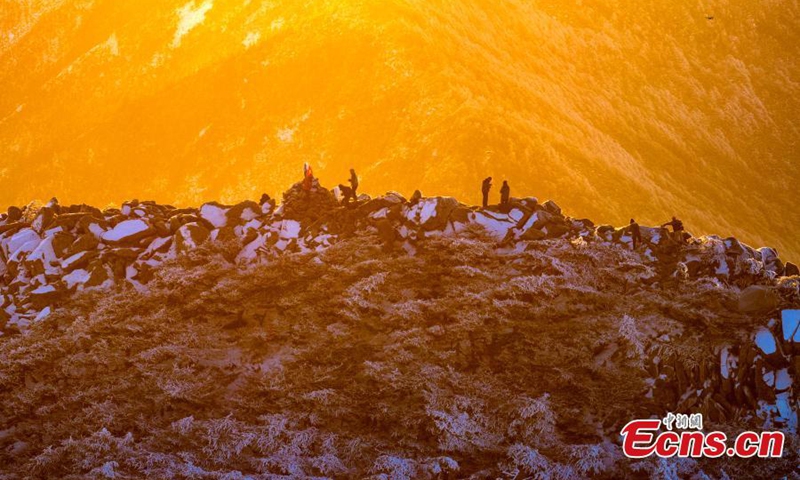 2022 年 11 月 22 日，冬天的日出照耀在中国西北部陕西省西安市朱雀国家森林公园的山峰上，把它变成了一个白色的仙境。  （摄影：中新社/程文英）