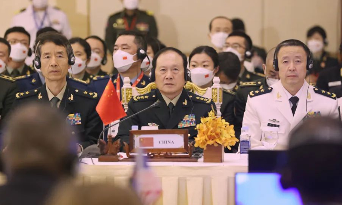 Chinese State Councilor and Defense Minister General Wei Fenghe delivers a speech at the ninth ASEAN Defense Ministers' Meeting Plus (ADMM-Plus) held in Siem Reap, Cambodia, on November 23, 2022. Photo: Screenshot from China's Ministry of National Defense